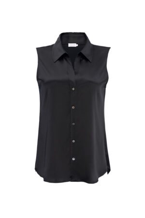 MANITO Signature Women's Silk Sleeveless Shirt in black laid flat to show full front design.