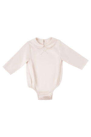 MANITO Sophia Baby Long Sleeve Romper in ballet pink with doll collar and elastic hems.