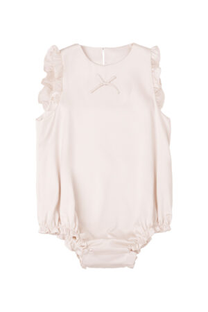 MANITO Sophia Baby Sleeveless Romper in ivory silk, featuring ruffled sleeves and elastic leg openings.