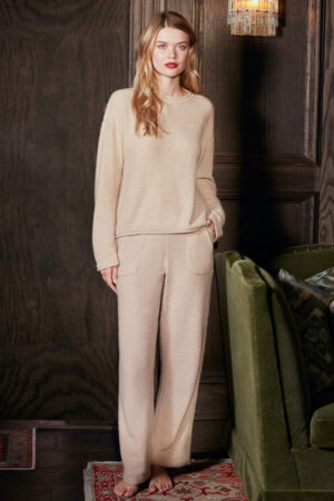 Teddy Women's Cotton Wool Knit Lounge Set in beige with relaxed fit, front styling, and cozy texture.
