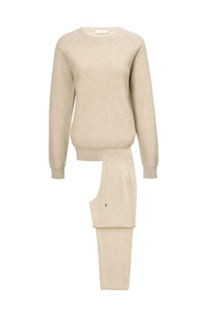 Beige Terra Knit Set flat lay, highlighting the textured sweater and drawstring pants in a soft neutral tone.