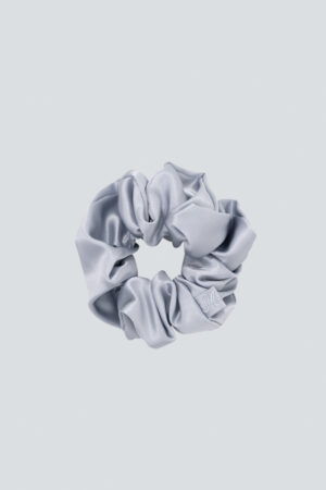 Thick Silk Scrunchie in dove grey with rich gathers for a refined everyday look.