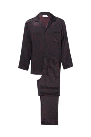 Tropical Leaves Men's Pajama Set flat lay in cocoa silk, blending soft comfort with botanical-inspired elegance.