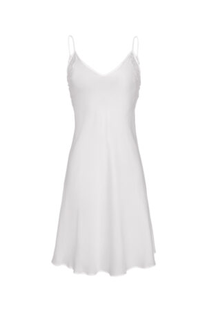 Flat lay of white MANITO Wedding Floral Lace Silk Mini Dress with lace-trimmed straps.