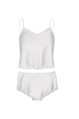MANITO Wedding Women's Lace Silk Pajama Set flat lay in ivory, showing the camisole and shorts with matching lace accents.