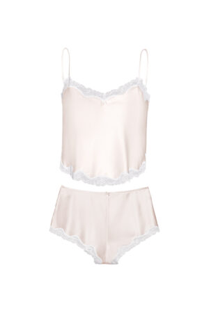 MANITO Wedding Women's Lace Silk Pajama Set in soft blush pink with scalloped lace trim on both pieces.