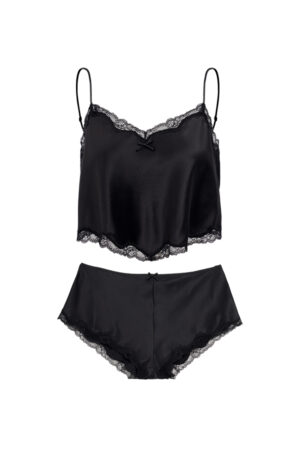 MANITO Wedding Women's Lace Silk Pajama Set in classic black with delicate lace edges and mini bows.