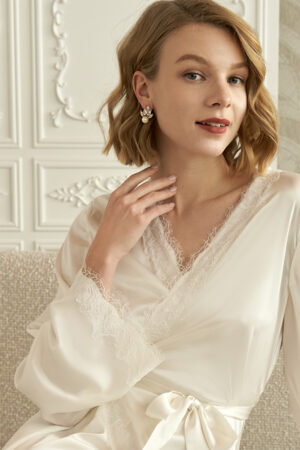 Close-up of MANITO Wedding Women's Lace Silk Short Robe with floral lace trim and sash belt.
