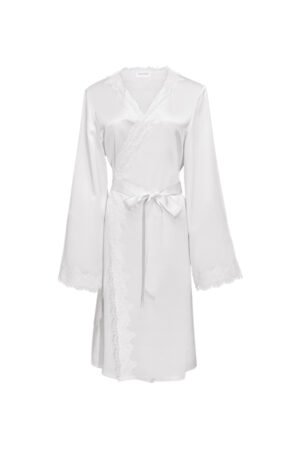 Product flat lay of MANITO Wedding Women's Lace Silk Short Robe in white, with lace along collar, front, cuffs, and hem.