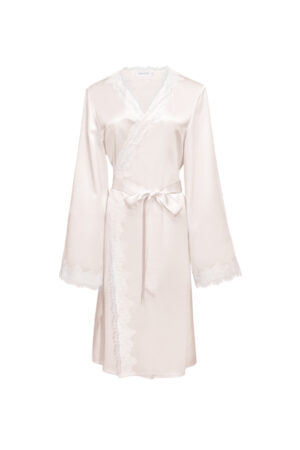 Flat lay of blush pink MANITO Wedding Women's Lace Silk Short Robe, featuring floral lace edging and elegant silhouette.