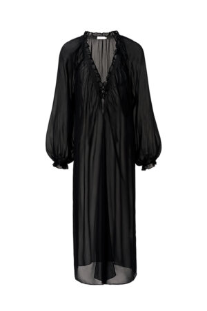 Flat lay of MANITO Wedding Women's Ruffle Silk Robe, displaying full length and fluid silhouette with feminine detail.