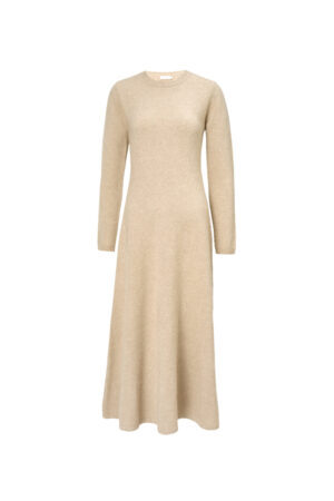 Front view of the beige Wunder Knit Dress, highlighting its flowing silhouette and timeless simplicity.